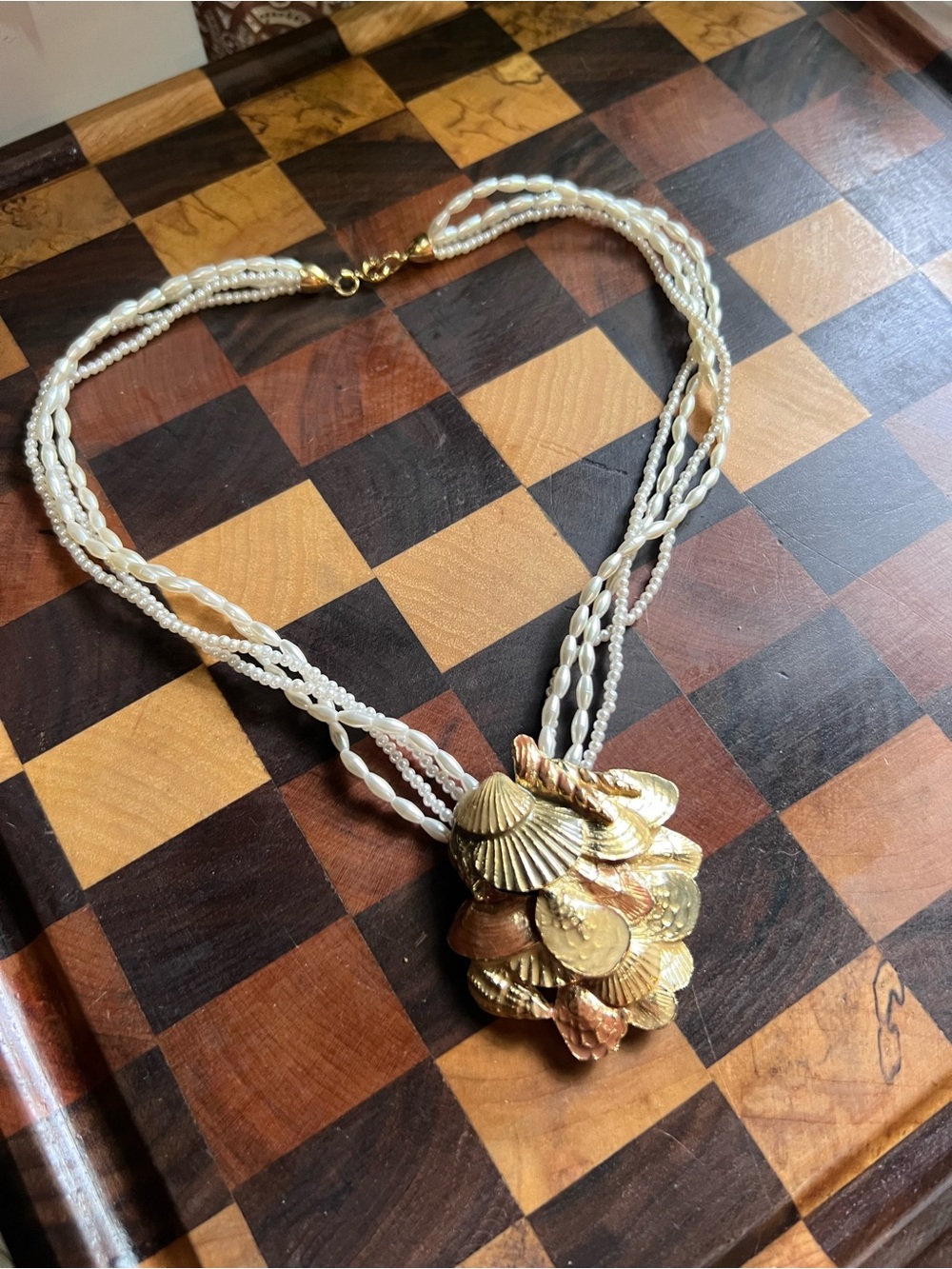 Vintage Cream Pearl Multi-Strand Necklace with Gold Shell Cluster
